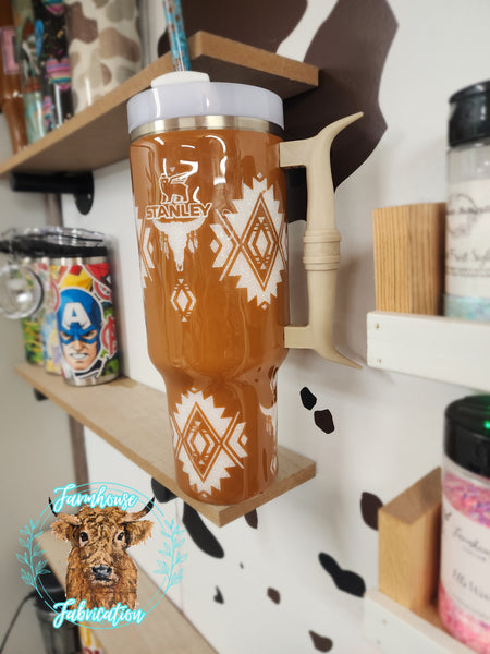 Long Horn Aztec Glitter Tumbler / LONG HORN HANDLE ONLY COMES ON THE 40 OZ STANLEY / CHOOSE YOUR SIZE & COLORS