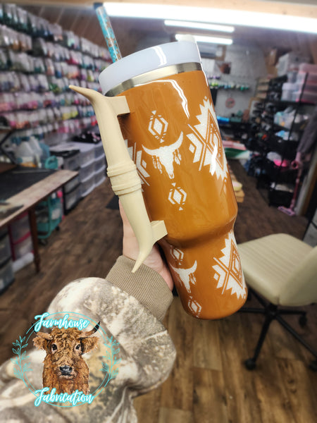 Long Horn Aztec Glitter Tumbler / LONG HORN HANDLE ONLY COMES ON THE 40 OZ STANLEY / CHOOSE YOUR SIZE & COLORS