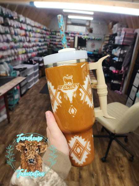 Long Horn Aztec Glitter Tumbler / LONG HORN HANDLE ONLY COMES ON THE 40 OZ STANLEY / CHOOSE YOUR SIZE & COLORS