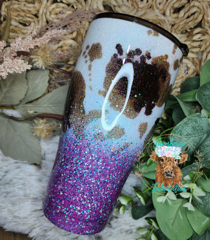 Tri Color Cow print with Teal/Hot Pink Glitter 30 oz Curvy Tumbler with straw- RTS