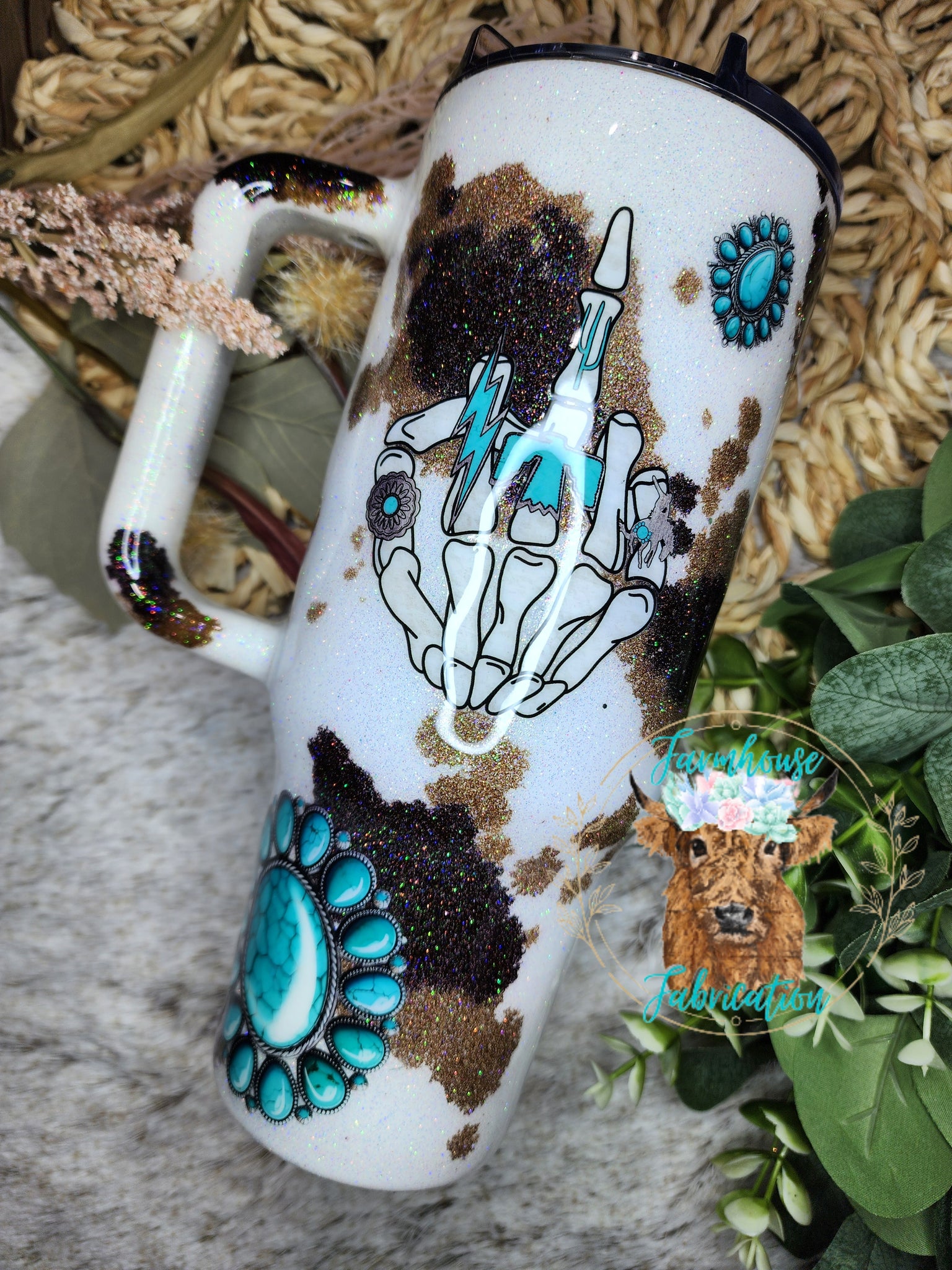Middle Finger Cow Print Turquoise Stones 40 oz Curvy with Handle Glitter Tumbler with straw/ Leak Proof- RTS