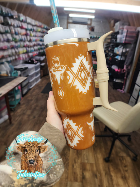 Long Horn Aztec Glitter Tumbler / LONG HORN HANDLE ONLY COMES ON THE 40 OZ STANLEY / CHOOSE YOUR SIZE & COLORS