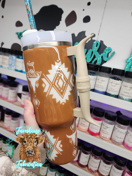 Long Horn Aztec Glitter Tumbler / LONG HORN HANDLE ONLY COMES ON THE 40 OZ STANLEY / CHOOSE YOUR SIZE & COLORS