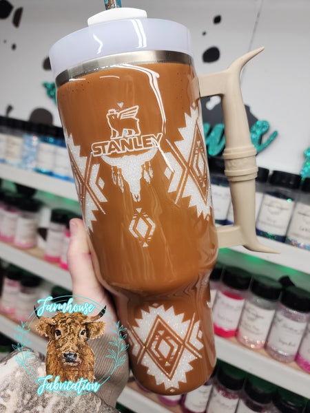 Long Horn Aztec Glitter Tumbler / LONG HORN HANDLE ONLY COMES ON THE 40 OZ STANLEY / CHOOSE YOUR SIZE & COLORS