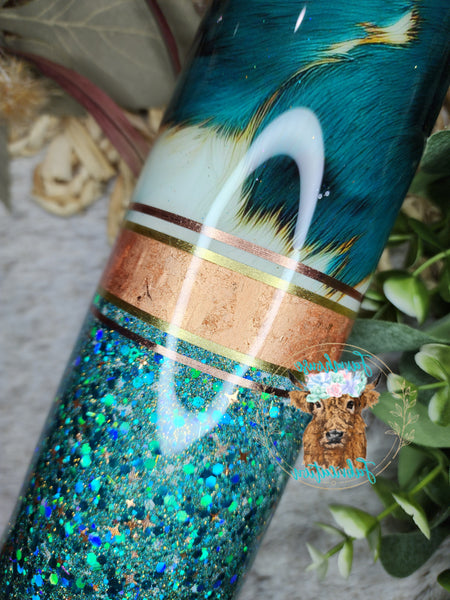 Teal/ Rose & Gold Cowhide 35 oz Skinny Tumbler with straw- RTS