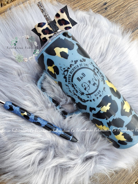 Slate Blue, Black & Gold Matte Cheetah Tumbler / Proud Member of the Bad Moms Club / Personalized Tumbler / Accessories Sold Separately