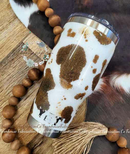 Brown Cowhide Glitter Tumbler / YETI brand offered, Matching Phone Grip, Badge Reel, & Ink Pen available but sold seperatly