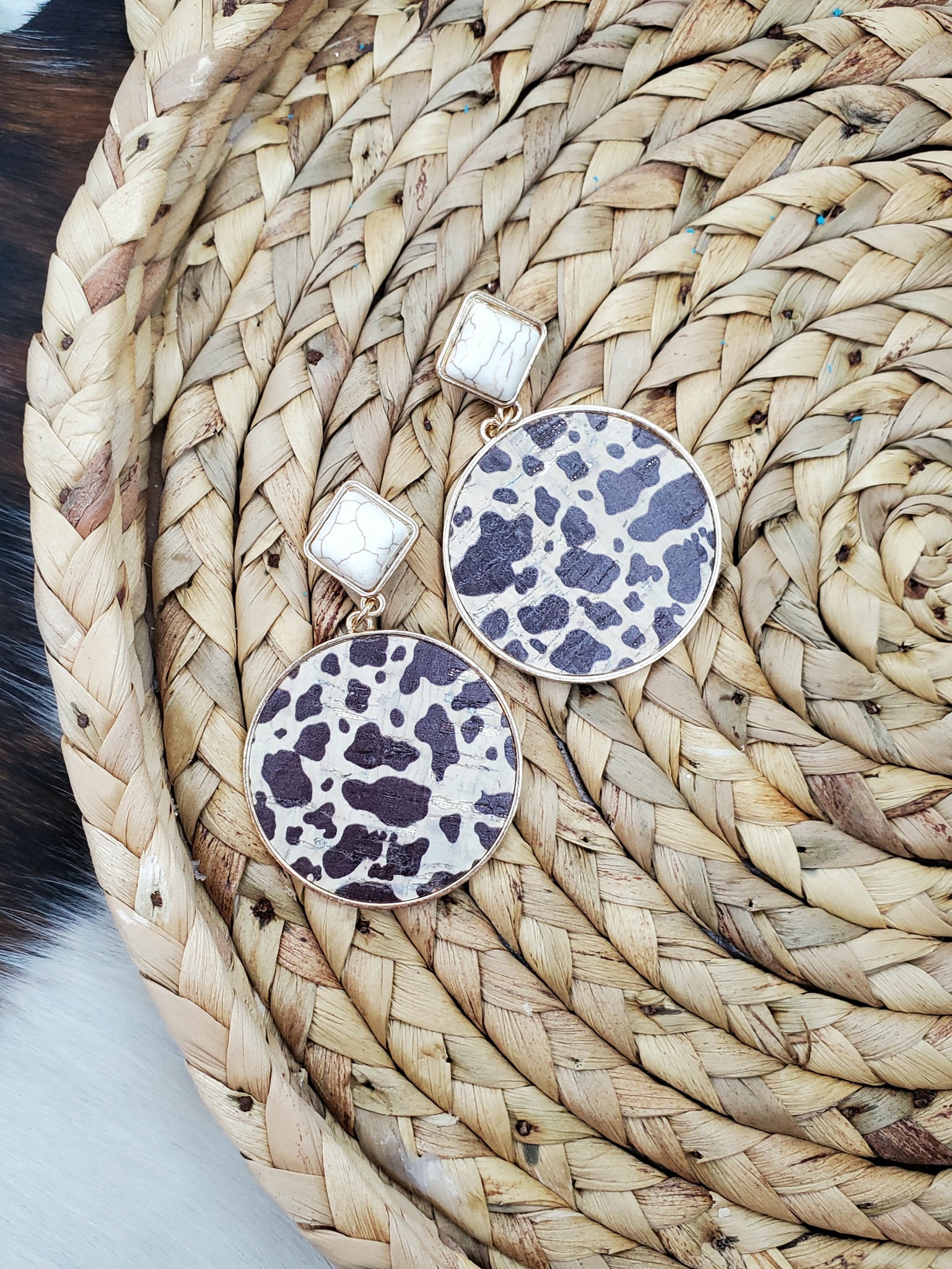 Ivory Stone Brown Cow Disk Earrings