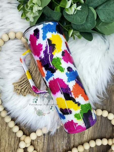 Colorful Cow Spot Glitter Tumbler / Lisa Frank Inspired