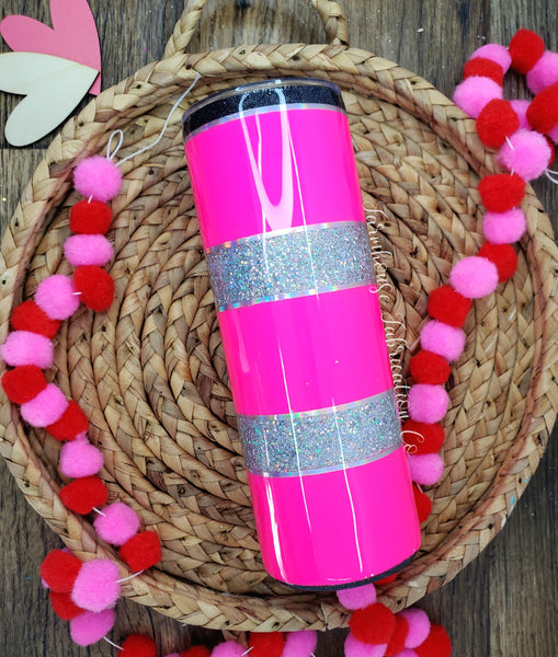 Neon Pink Stripped Silver or White Custom Personalized Glitter Tumbler
