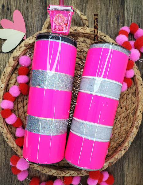 Neon Pink Stripped Silver or White Custom Personalized Glitter Tumbler