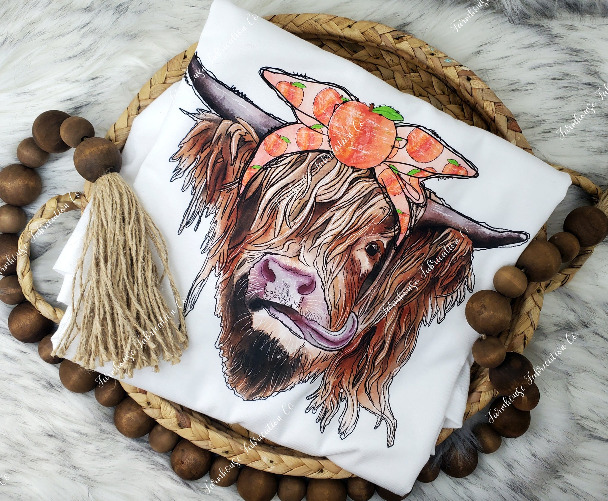 RTS Long Hair Highland Cow with Peaches Headband White Unisex T-shirt