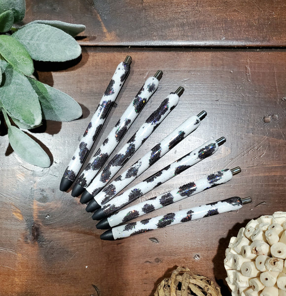 Three Pack Cow Print Ink Pen /Black, Tri-Color, Brown Cow Spots Glitter Pen / Epoxy Glitter Pen