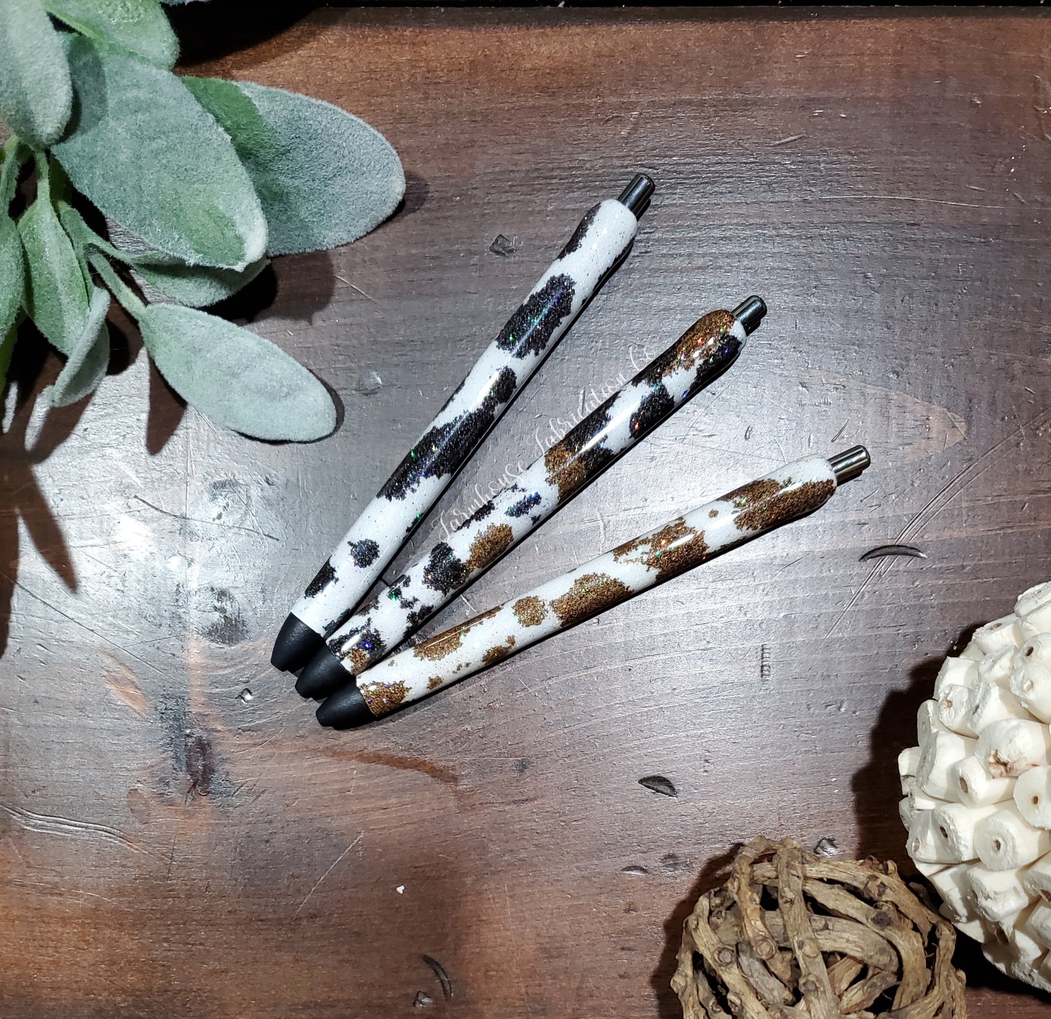 Three Pack Cow Print Ink Pen /Black, Tri-Color, Brown Cow Spots Glitter Pen / Epoxy Glitter Pen