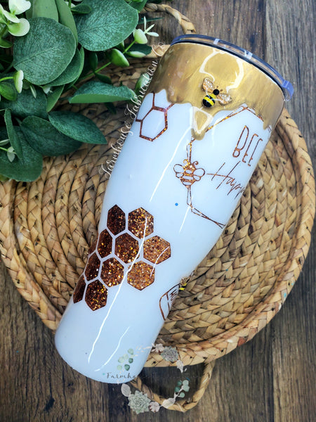 Bee Happy Honey Drip Glitter Tumbler with 3D Bees
