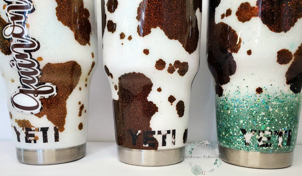 Brown Cowhide Glitter Tumbler / YETI brand offered, Matching Phone Grip, Badge Reel, & Ink Pen available but sold seperatly