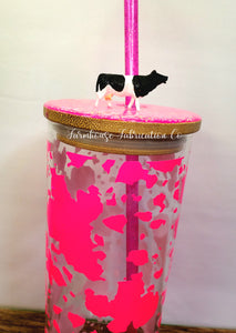 Hot Pink Cow Print Libbey Glass Beer Can with Hot Pink lid with Cow  Figurine