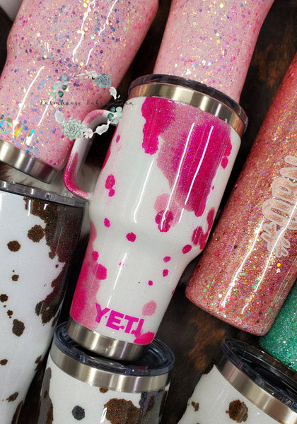 Pink Cowhide Glitter Tumbler / YETI brand offered, Matching Phone Grip, Badge Reel, & Ink Pen available but sold seperatly