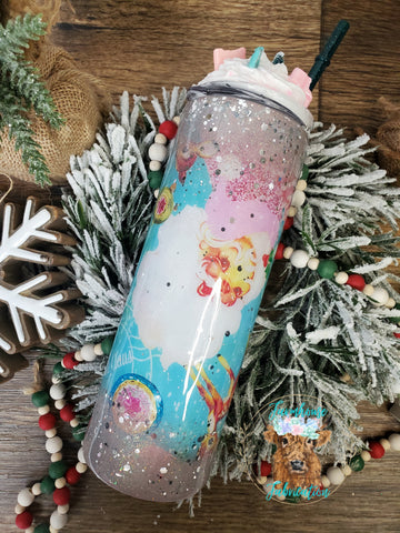 RTS Vintage Santa & Reinder 20 oz Skinny Glitter Tumbler with decorative topper / Comes with a Glitter Teal Straw