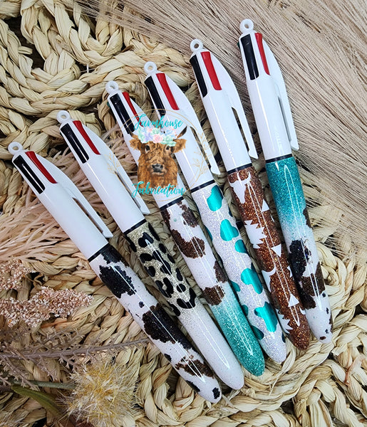Teal Cow Spots & White Glitter BIG 4-Colour Ink Pen / Glitter Pen / Epoxy Glitter Pen
